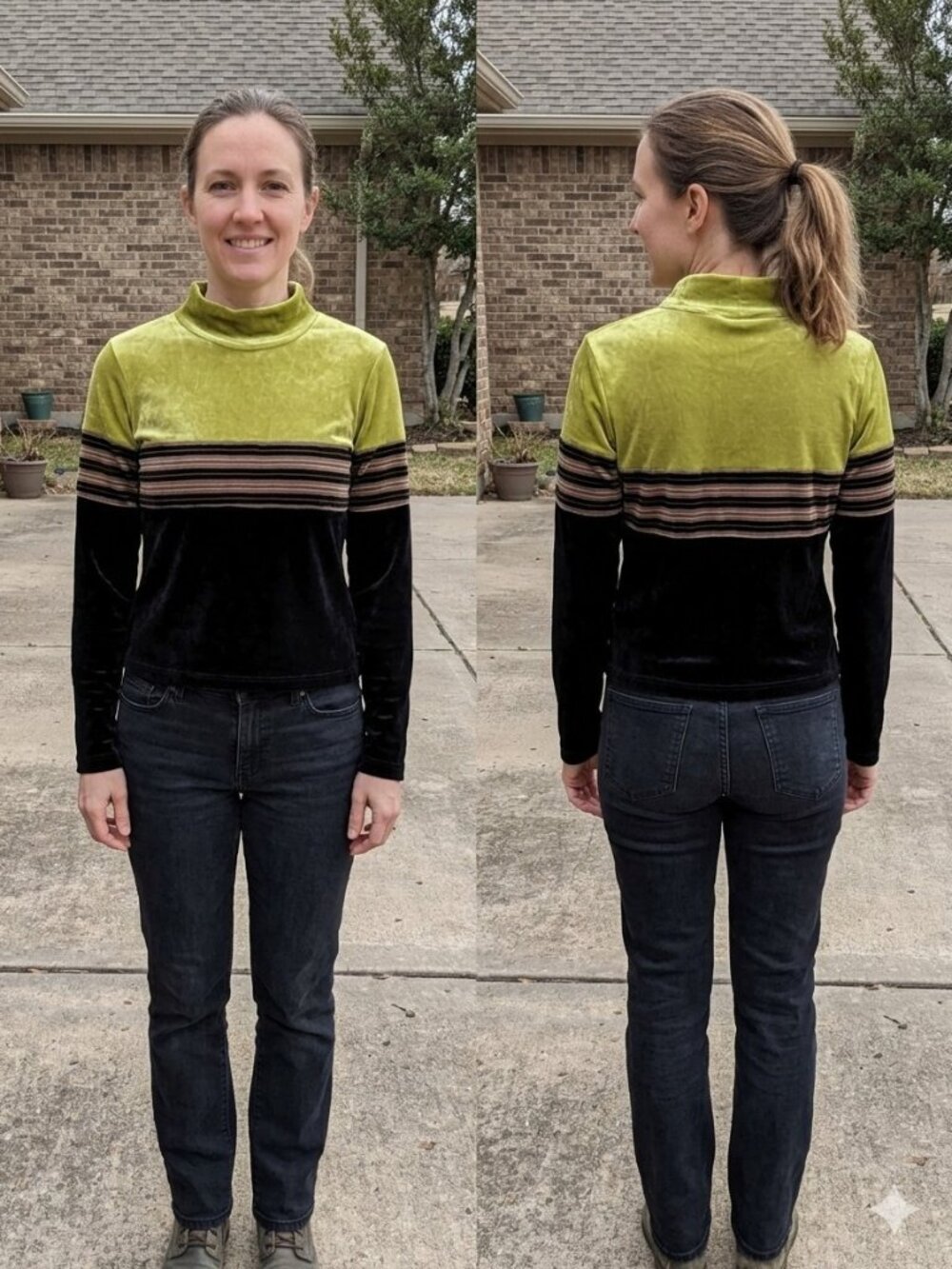 Vintage Energie Y2K Velour Mock Neck Top Striped Green Black 90s Grunge L